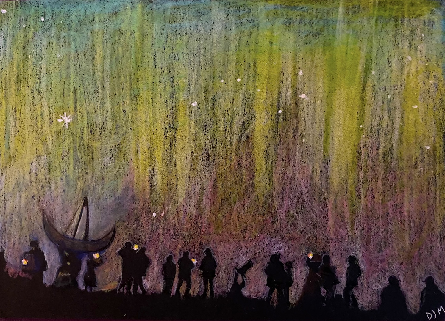 art by Deborah J. Milton Colorful aurora night sky with shapes of people holding lights like stars
