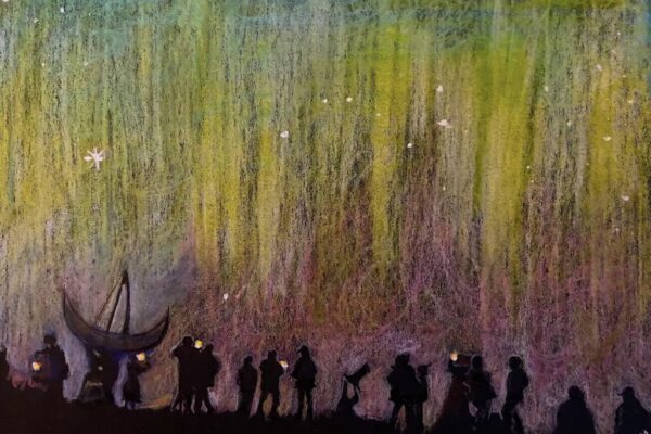 Aurora night sky in green and pink with people gathered below for stargazing, holding lights that look like stars themselves