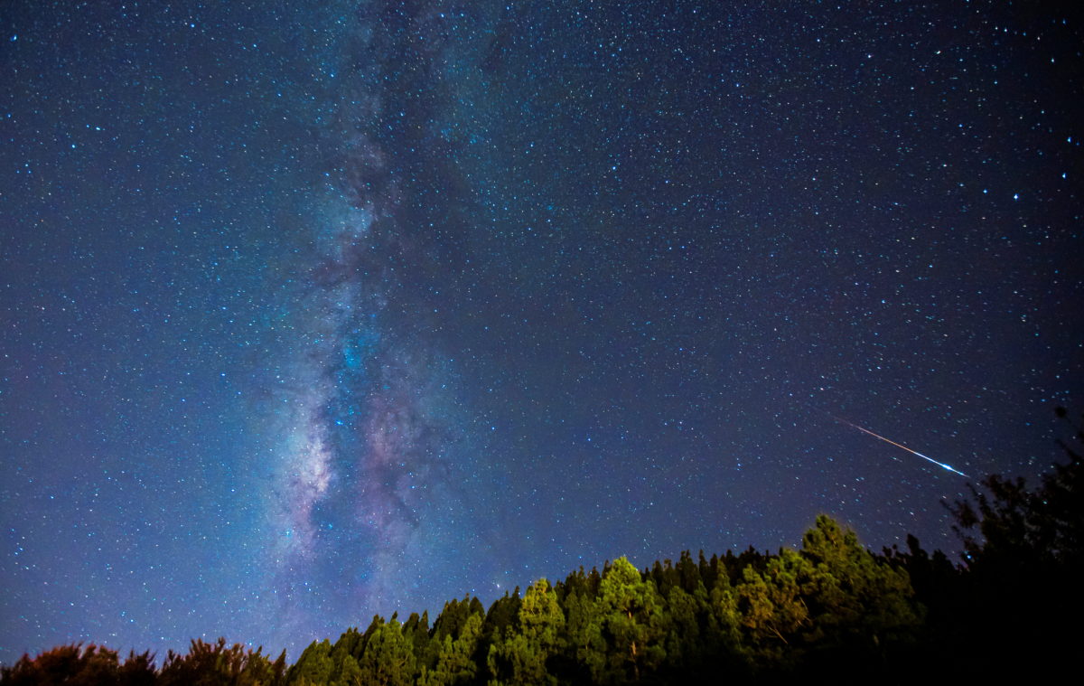 A meteor is photographed near the Milky Way during the annual Perseid meteor shower in Pico de las Nieves